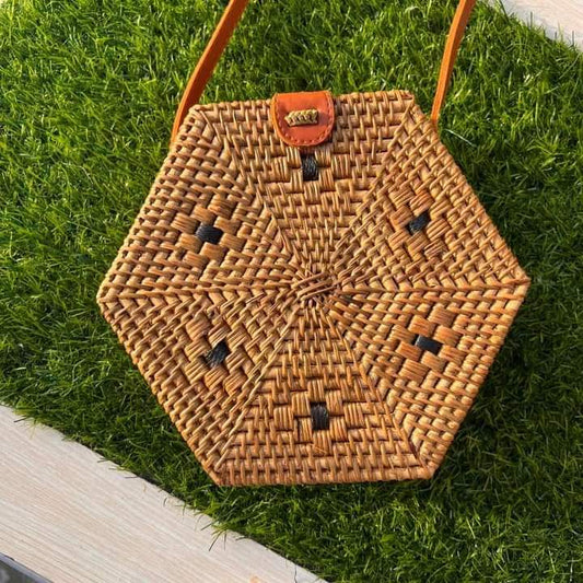 Coastal Blue & White Round Rattan Shoulder Bag