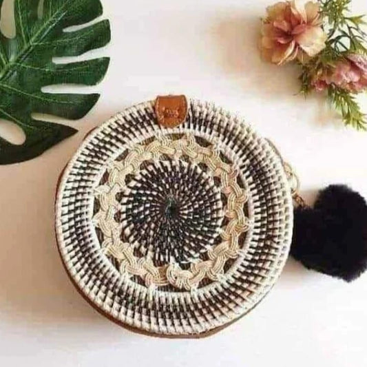 Chic Black & White Round Rattan Bag with Pom Pom Detail